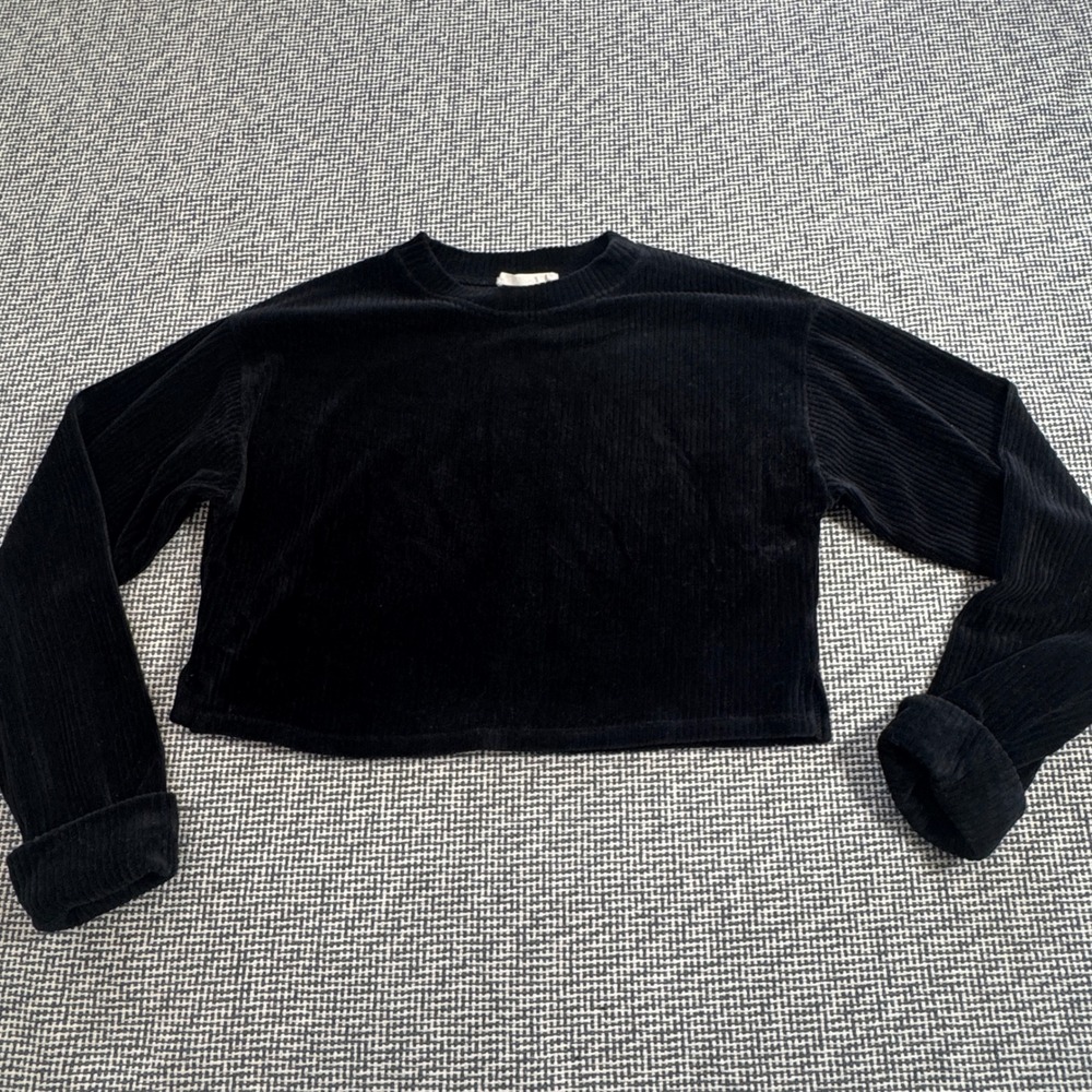 Womens Black Corduroy Cropped Long Sleeve Top Boxy Ribbed Crew Neck Shirt